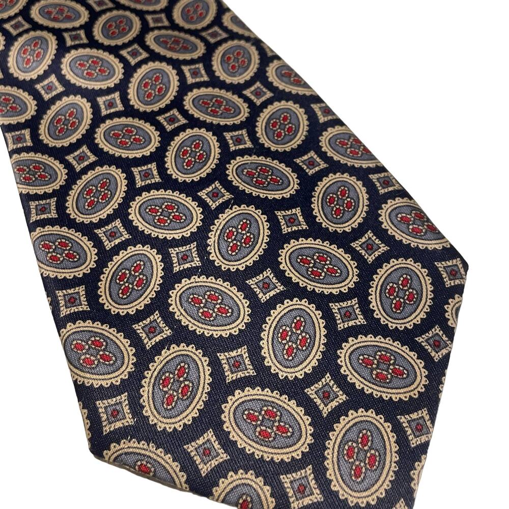 Vintage Merceds Hand Made 100% Silk Tie Navy Cream and Red Geometric Design EUC - Picture 1 of 8